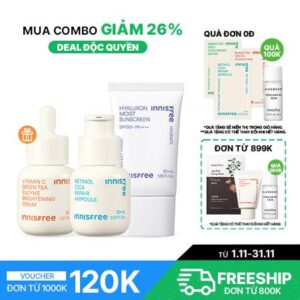 Bộ 3 Sản Phẩm Chăm Da Ngày Đêm INNISFREE VitaminC & Retinol Cica Repair Ampoule & Hyaluron Moist Sunscreen Essence Texture SPF50+ PA++++